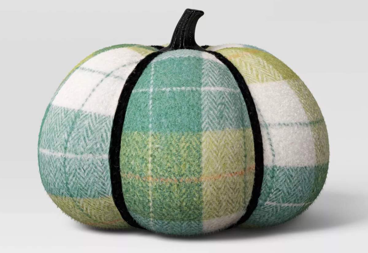 Brushed Plaid Knit Pumpkin Green Halloween Figurine