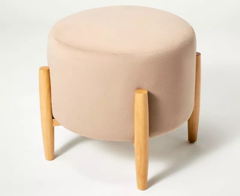 Elroy Round Velvet Ottoman with Wooden Legs