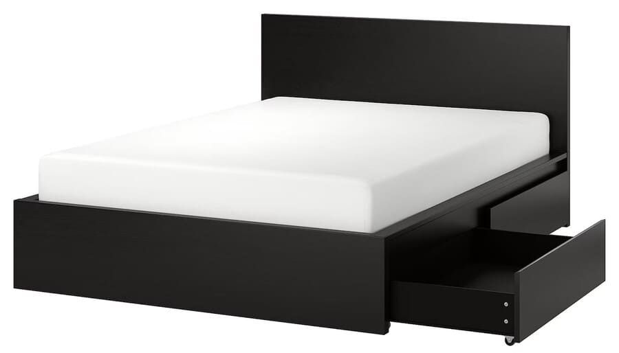 IKEA MALM High bed frame 2 storage boxes, black-brown Luröy