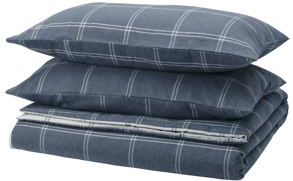 LINDDVÄRGMAL Duvet cover and pillowcase(s), blue/check