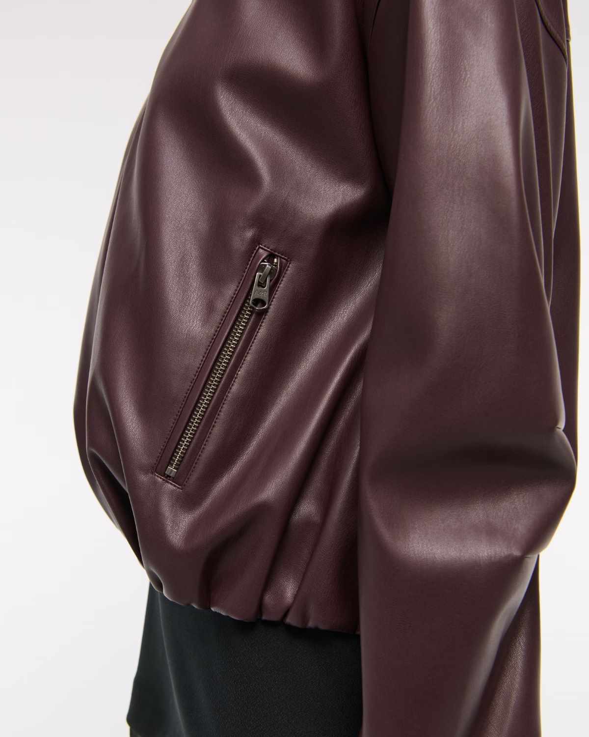 Bubble Hem Vegan Leather Bomber Jacket (Side View)