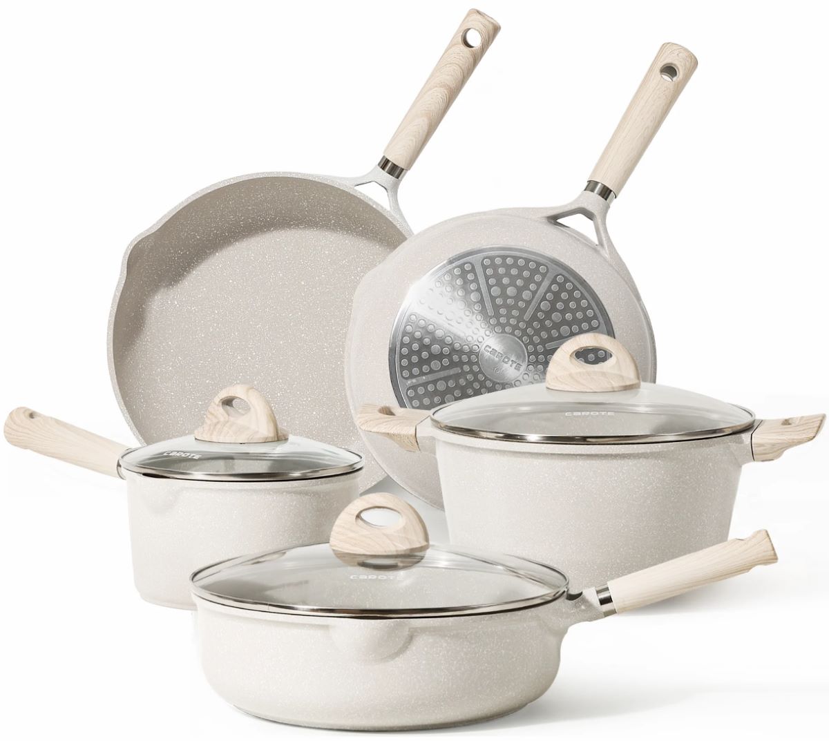 Carote 8-piece set of pots and pans with lids beige granite