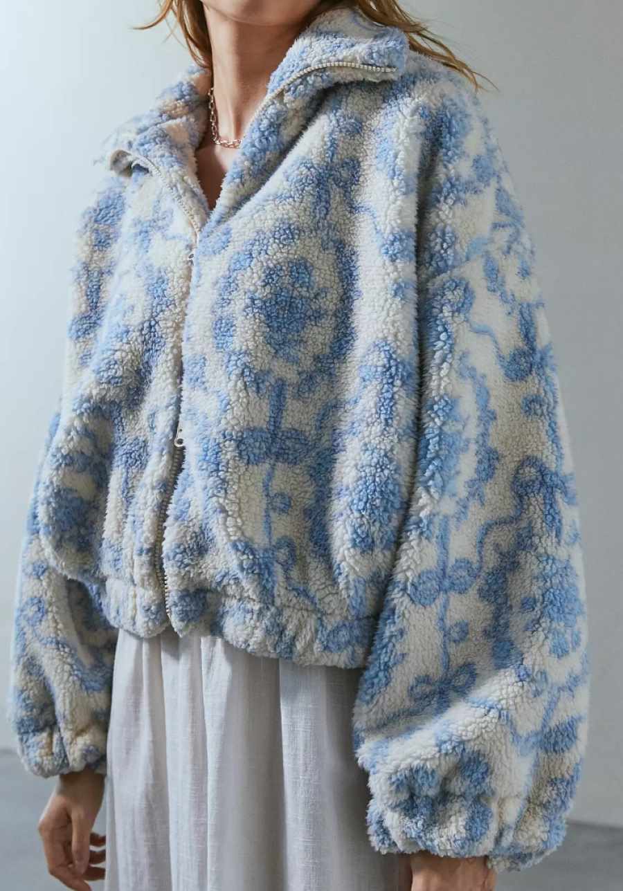 Kimchi Blue Snow Bunny Printed Piled Fleece Zip-Up Jacket