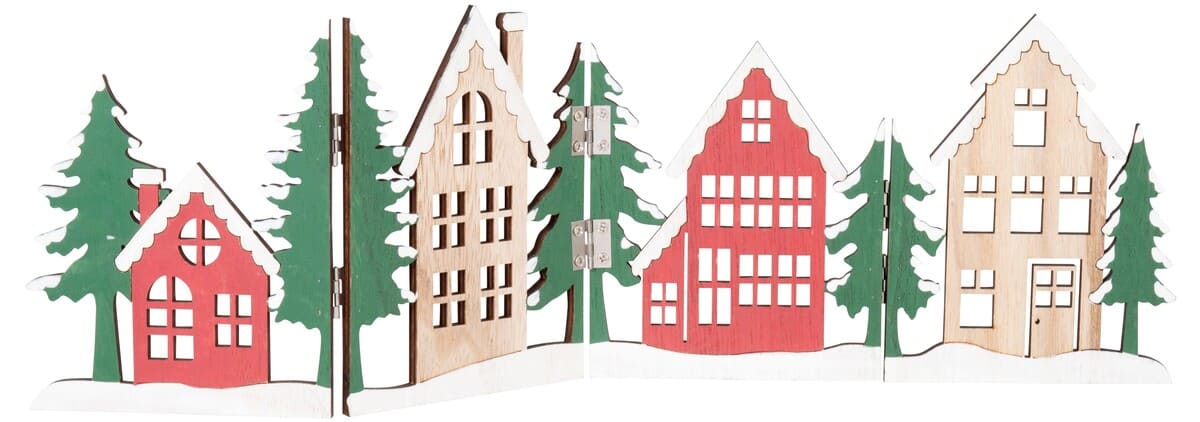 Maisons du Monde Adorno navideño de casas y árboles en rojo, verde y beige