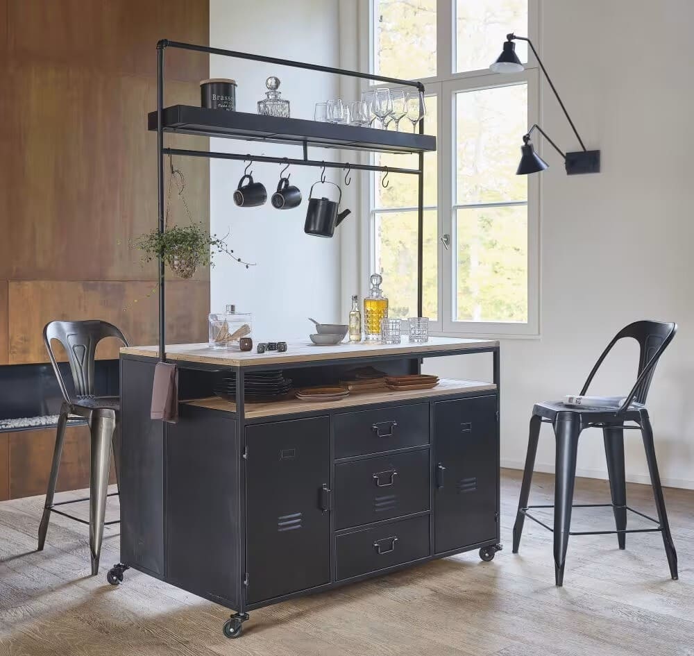 Bar con ruedas, 2 puertas y 3 cajones de metal negro pino macizo Maisons Du Monde