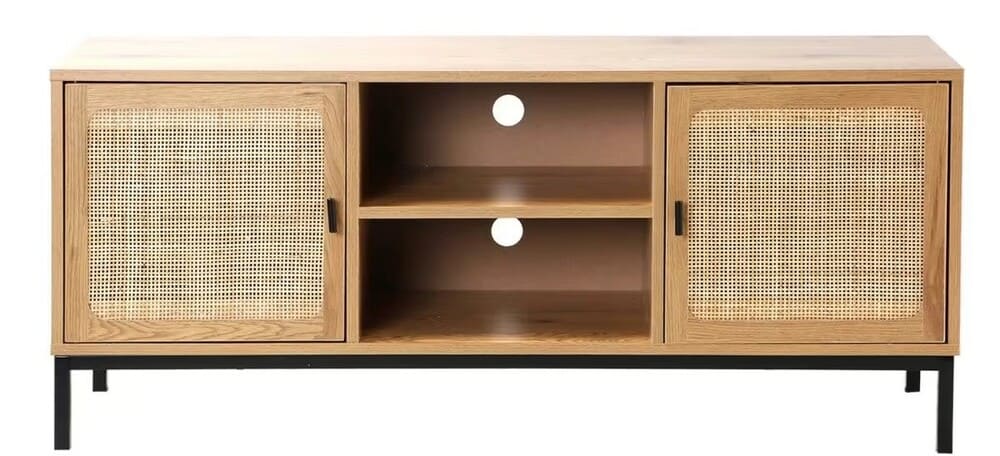 Mueble de tv 2 puertas con rejilla de ratán - l120cm - marrón