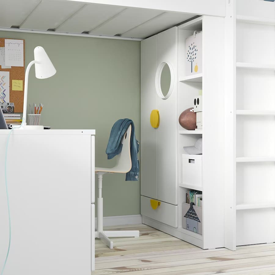 Cama alta IKEA, blanco abedul, con escritorio y 4 cajones