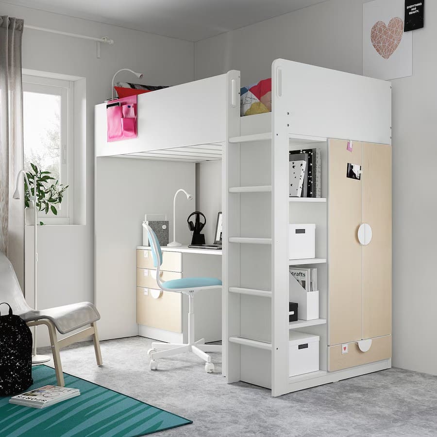 IKEA Cama alta, blanco abedul, con escritorio y 4 cajones