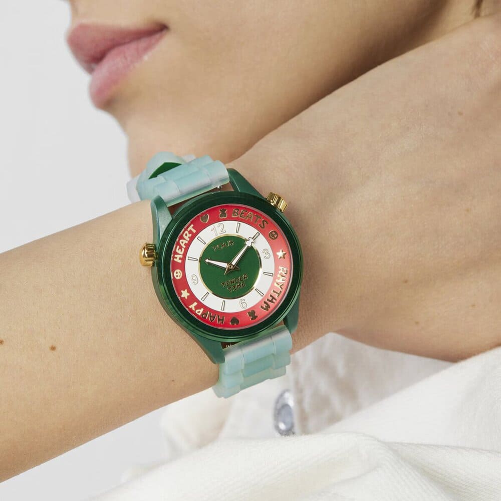 TOUS Reloj analógico Tender Time de acero con correa de silicona verde y esfera verde