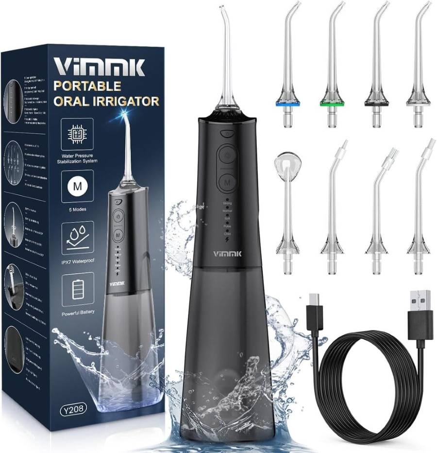 Amazon Irrigador Bucal Portatil, Vimmk Inalámbrico Profesional 8 Boquillas 5 Modos