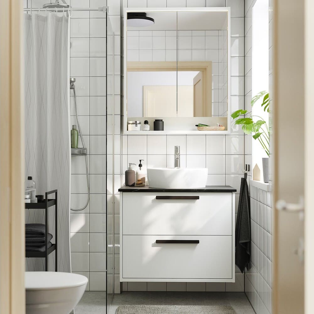 IKEA AVBÄCK, TÖRNVIKEN Mueble+cajones, lavabo, grifo, blanco, negro efecto mármol