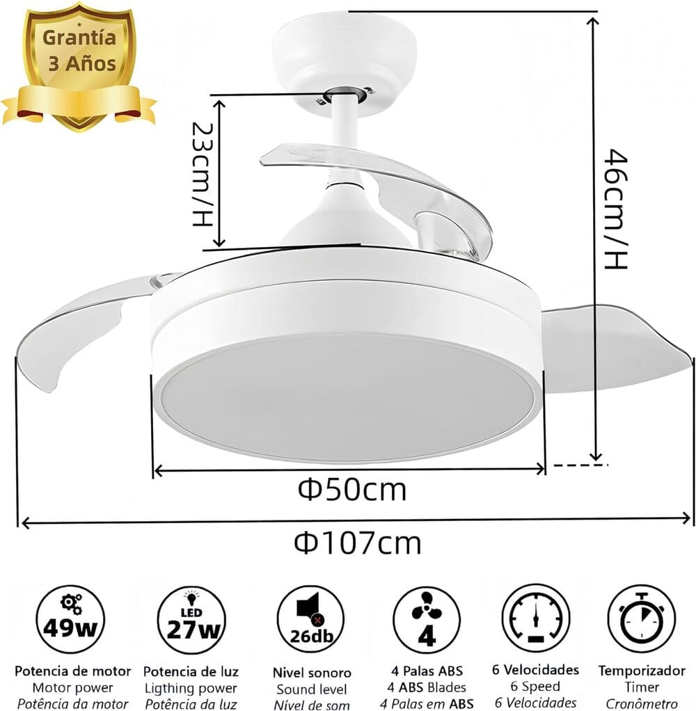 Ventilador Amazon con Luz Lámpara LED 72W