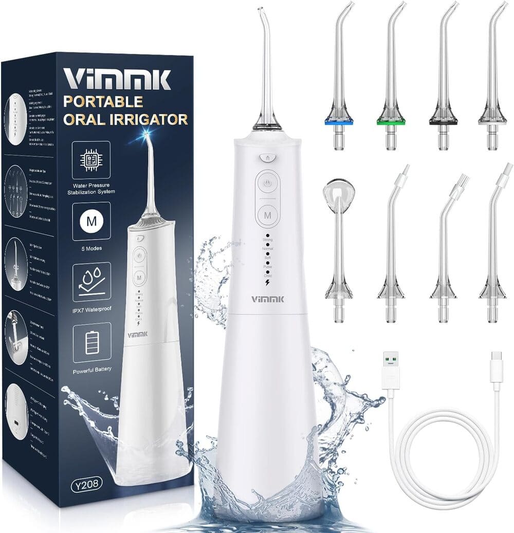 Amazon Irrigador Bucal Portatil, Vimmk Irrigador Dental Inalámbrico Profesional 8 Boquillas 5 Modos