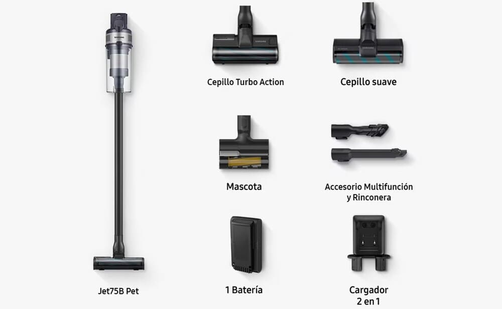 Aspirador de escoba El Corte Ingles, recargable Samsung Jet 75 Multi Cyclonic con Motor Digital Inverter