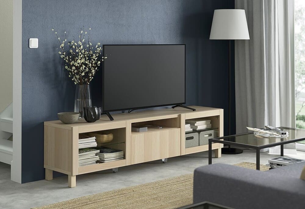 BESTÅ Mueble TV IKEA, efecto roble tinte blanco, Lappviken, Stubbarp ef roble tinte bl vidr incol