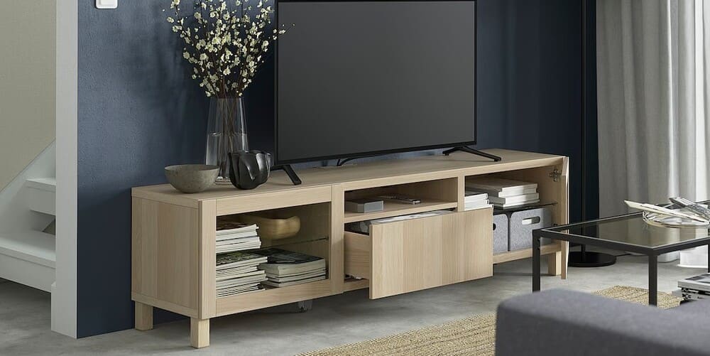 IKEA BESTÅ Mueble TV, efecto roble tinte blanco, Lappviken, Stubbarp ef roble tinte bl vidr incol