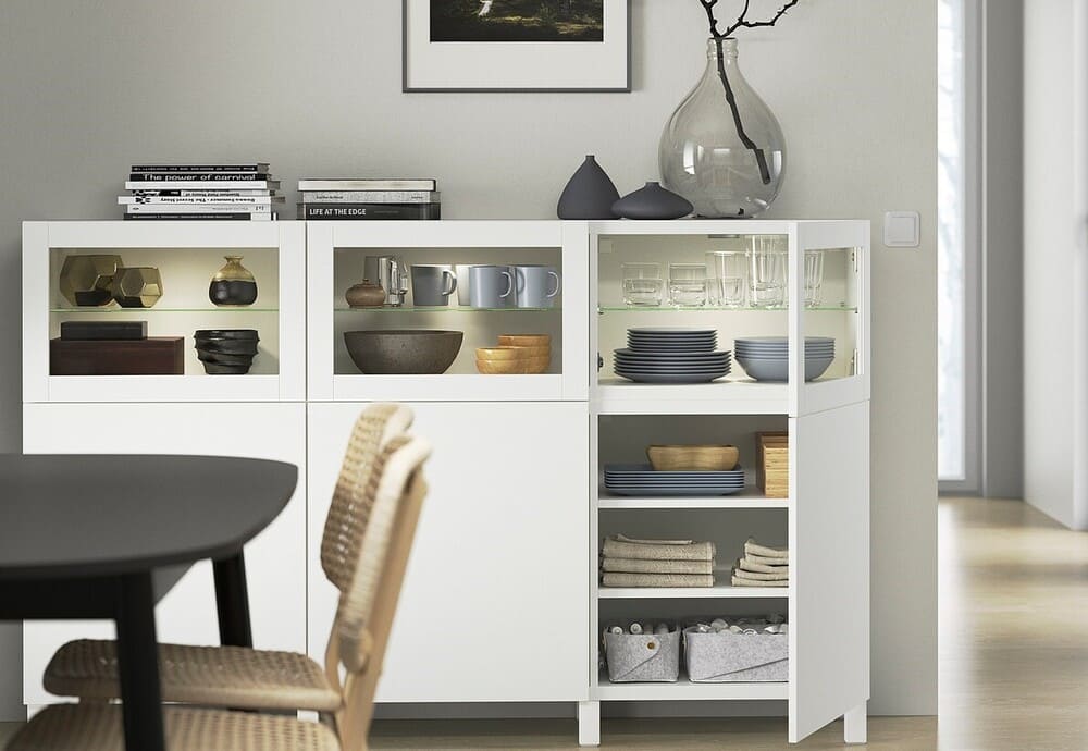 IKEA BESTÅ Mueble salón, blanco Lappviken, Sindvik vidrio transparente blanco