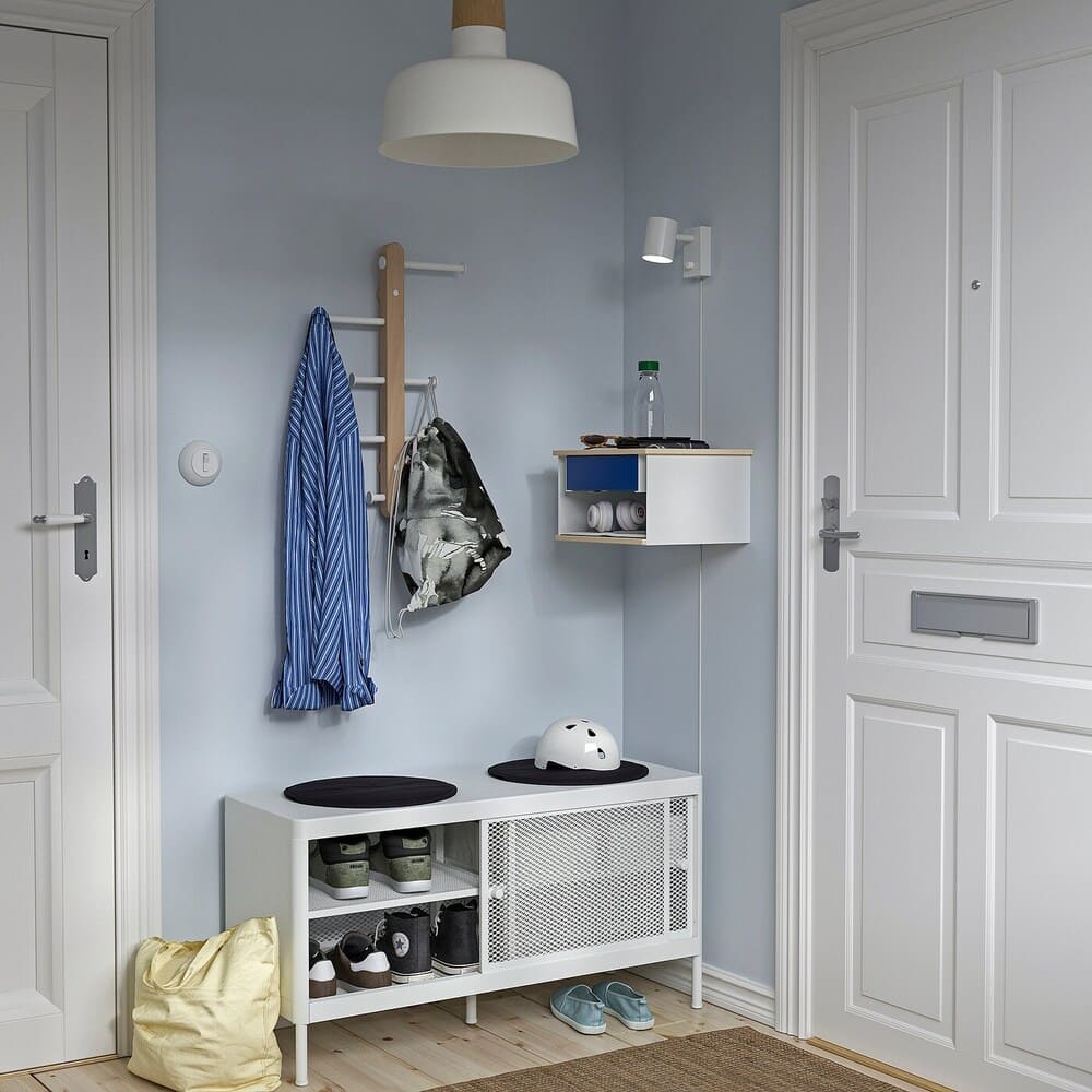 STOMSÖ Mesita de noche de pared IKEA, efecto abedul blanco, azul