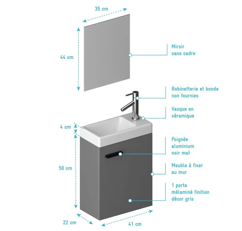 Mueble de baño Gris Leroy Merlin con lavabo 41x50x22cm y Espejo - SMALLY GREY