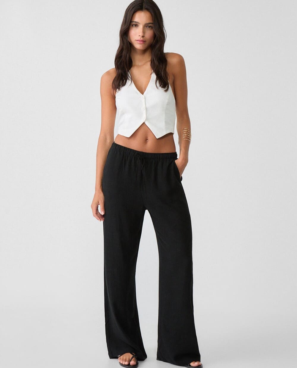 Stradivarius Pantalon Largo Fluido Con Lino