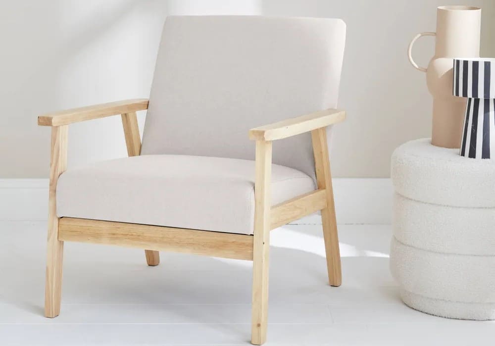 Leroy Merlin Sillón estilo escandinavo de madera y tela, Isak, Crema, 64x69.5x73 cm