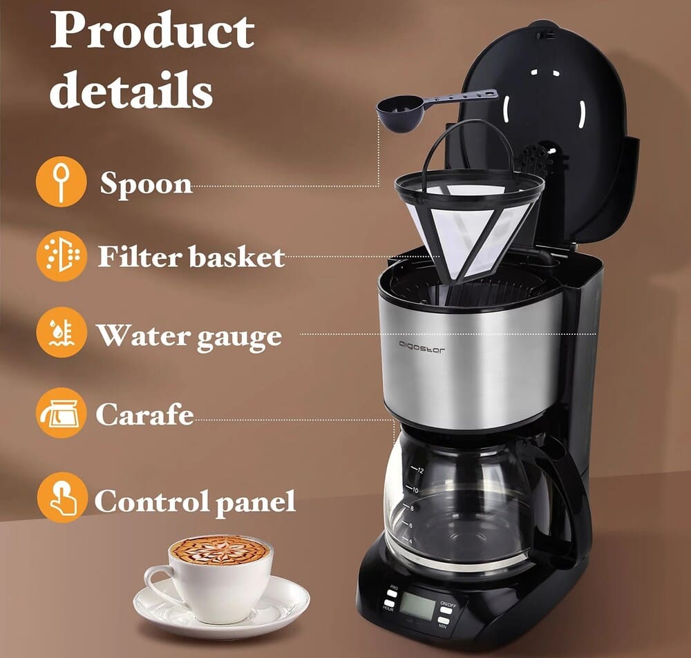 Cafetera de goteo Media Markt - AIGOSTAR 812134N, 800 W, 12 tazas, Negro