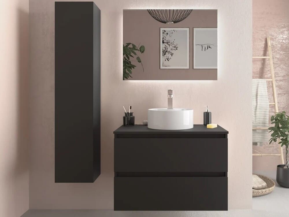 Leroy Merlin Mueble de Baño BEQUIA 80cm Negro mate, Lavabo sobre encimera