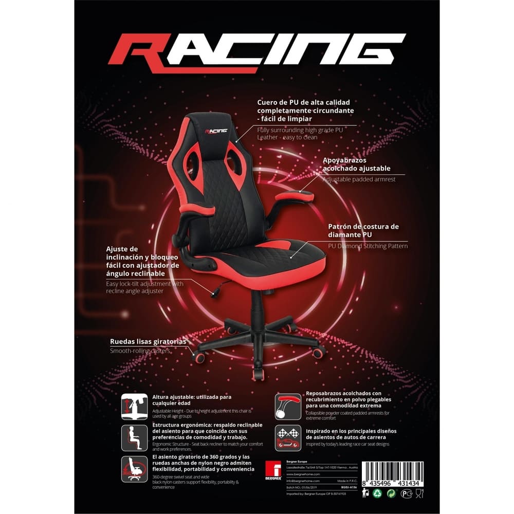 Silla Polipiel RACING Gamer Balance 68x71x112-122 cm - Rojo