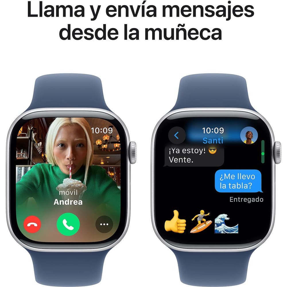 Apple Watch Series 10 (2024), GPS, 46 mm, Gesto de doble toque, Caja de aluminio plata, Correa deportiva Azul denim, Talla M, L Media Markt