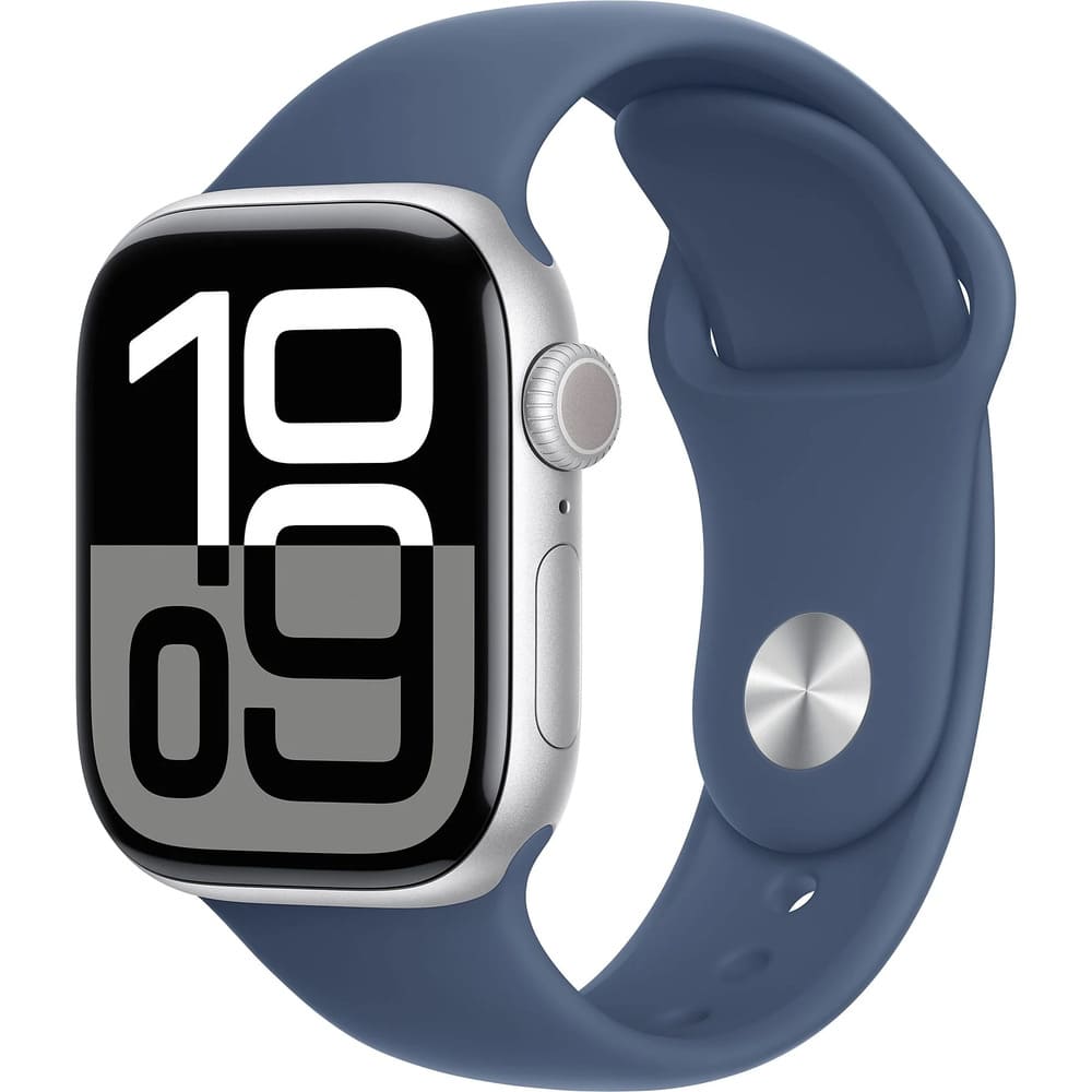 Apple Watch Series 10 (2024) Media Markt, GPS, 46 mm, Gesto de doble toque, Caja de aluminio plata, Correa deportiva Azul denim, Talla M, L