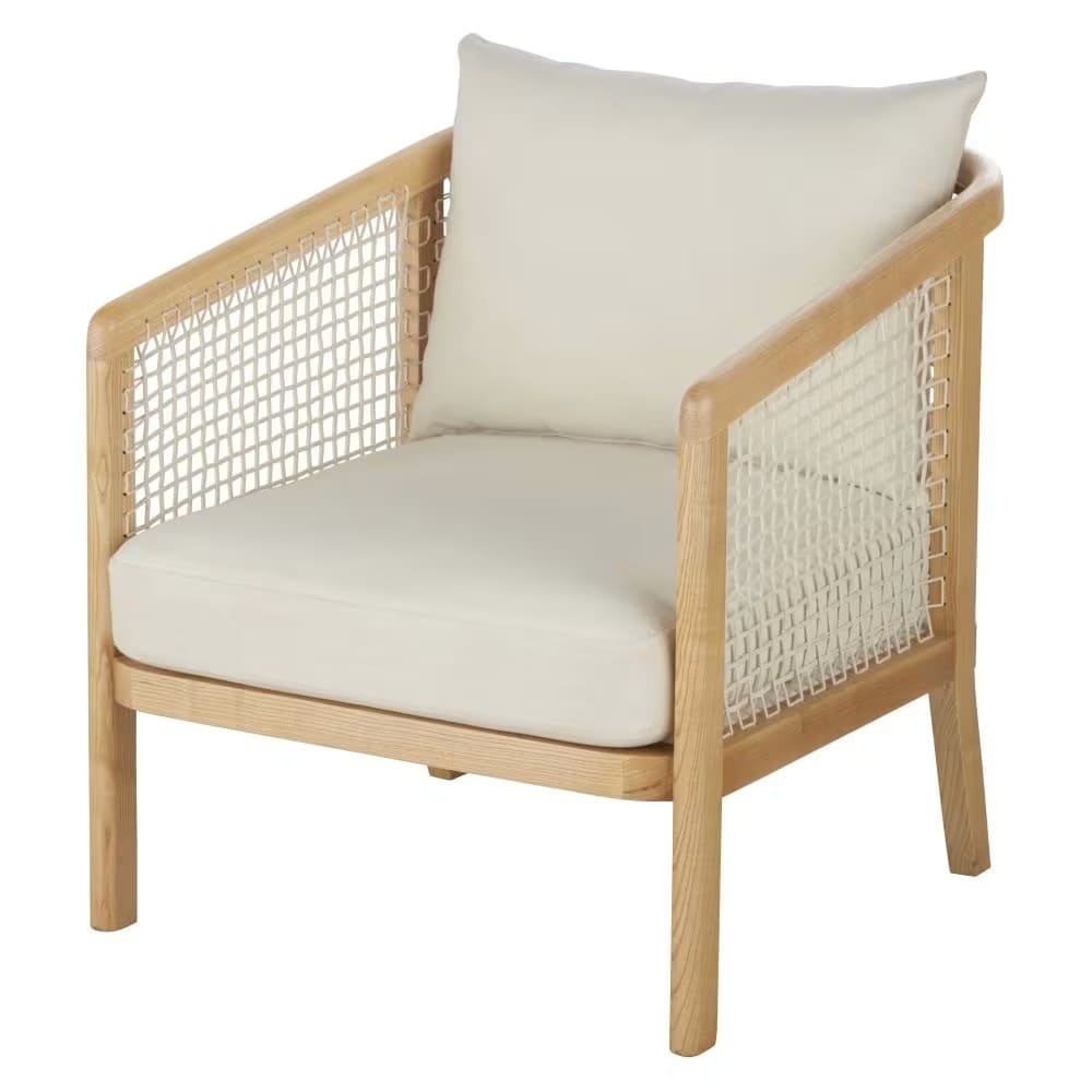 Sillón de madera de fresno y cuerda beige