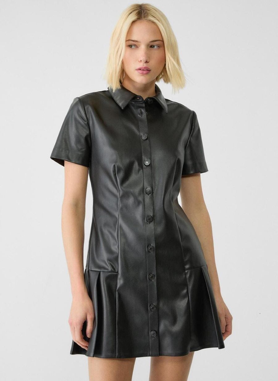 Stradivarius Vestido Camisero Corto Tablas Efecto Piel