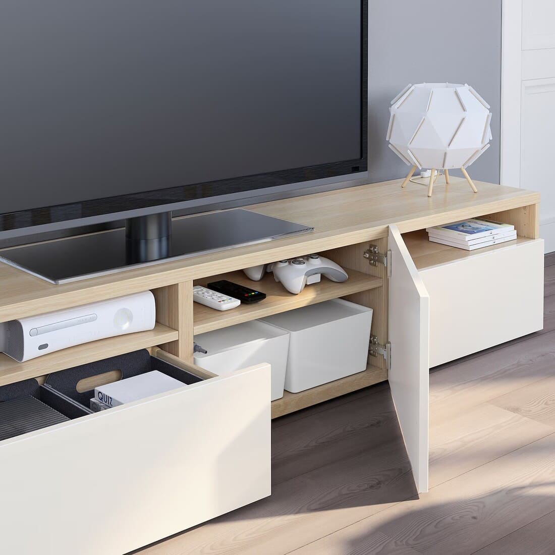 BESTÅ Mueble TV, efecto roble tinte blanco