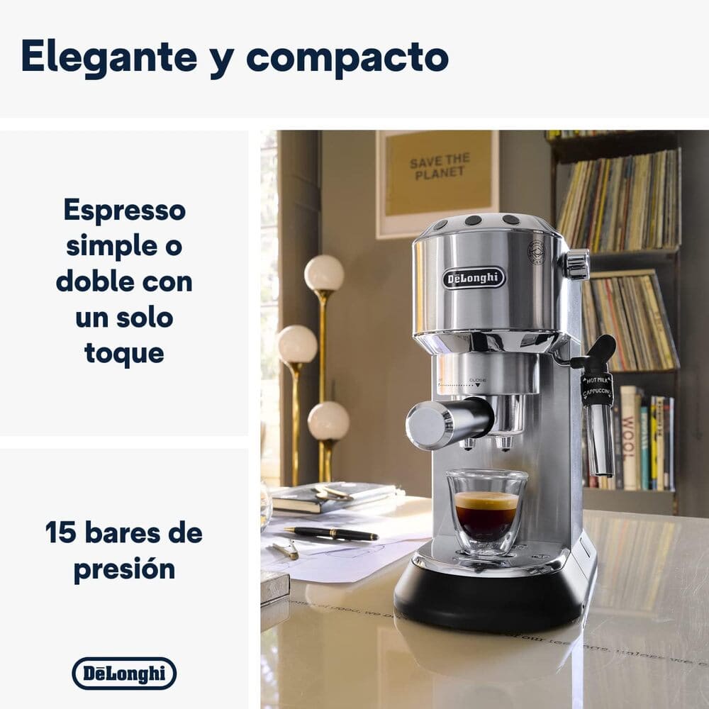 DeLonghi Dedica - Cafetera de Bomba de Acero Inoxidable para Café Molido o Monodosis