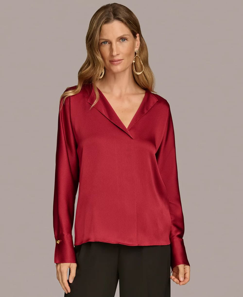 Donna Karan New York Women Long-Sleeve V-Neck Satin Blouse