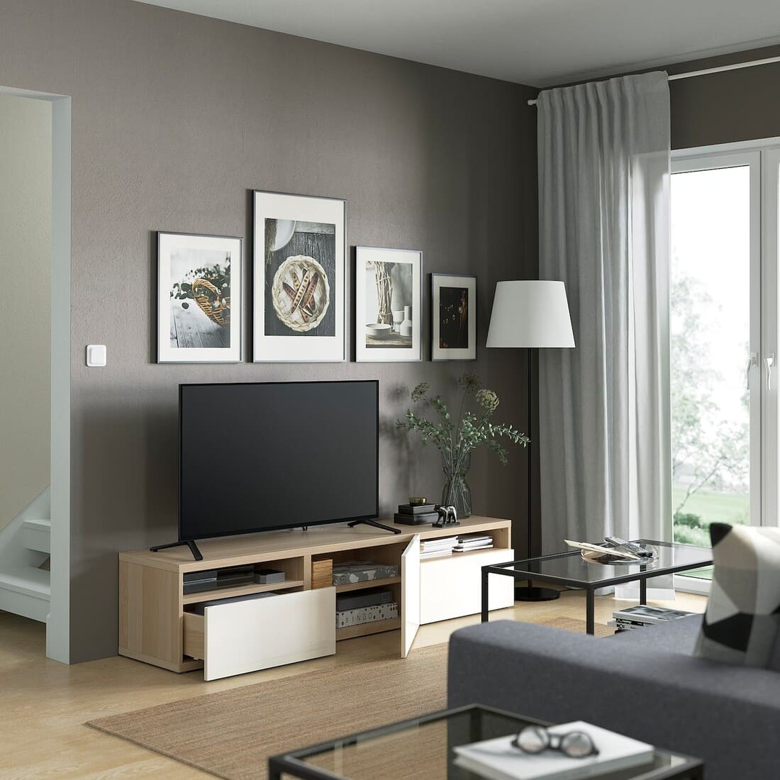 IKEA BESTÅ Mueble TV, efecto roble tinte blanco