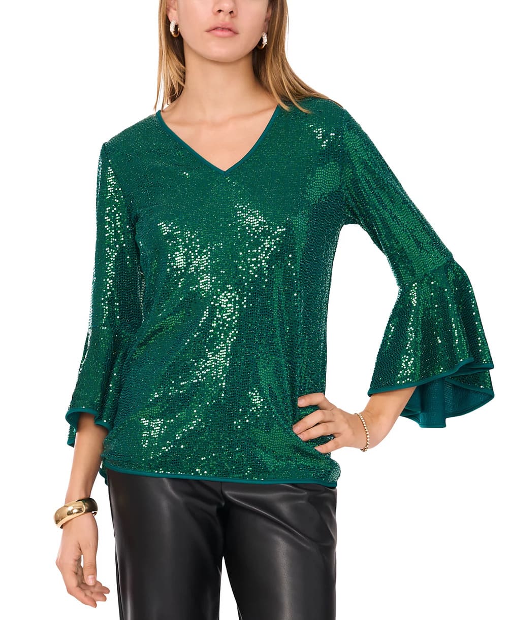 Vince Camuto Women Sequined V-Neck Bell-Sleeve Top