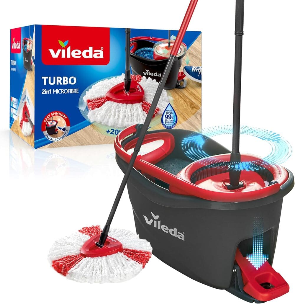 Amazon Vileda Turbo Juego de Cubo de fregona para Suelos giratoria con Pedal