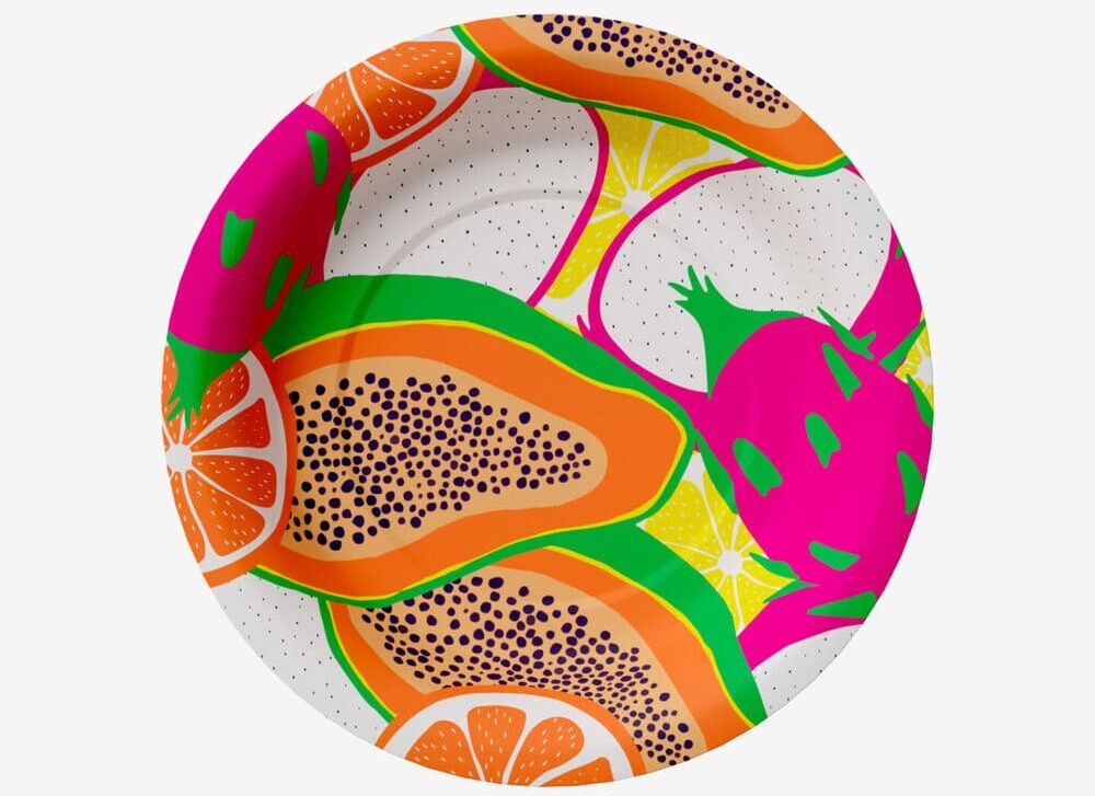 Pack de 12 platos de papel con diseño de frutas de PEPCO