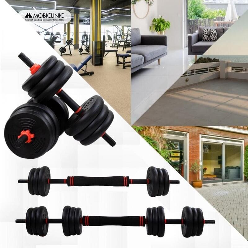 Par de mancuernas 20kg ajustables (60-110 cm) con accesorios de pesas rusas de Decathlon